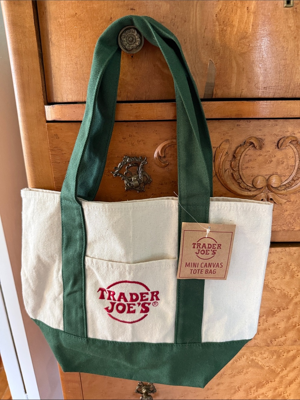 Trader Joe's Mini Canvas Tote Bag in Cream and Forest Green NWT